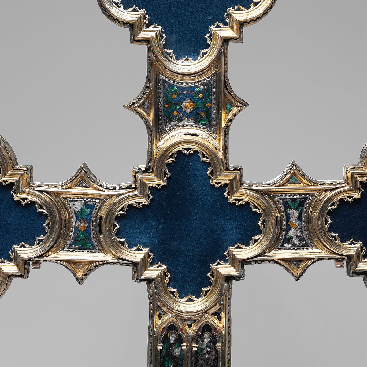 Processional Cross, Translucent Champlevé enamel, silver, partial-gilt, modern glass and velvet, Italian
