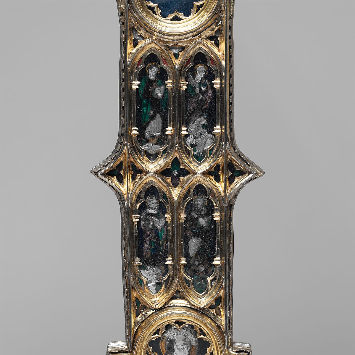 Processional Cross, Translucent Champlevé enamel, silver, partial-gilt, modern glass and velvet, Italian