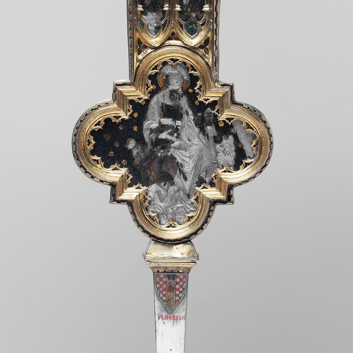 Processional Cross, Translucent Champlevé enamel, silver, partial-gilt, modern glass and velvet, Italian