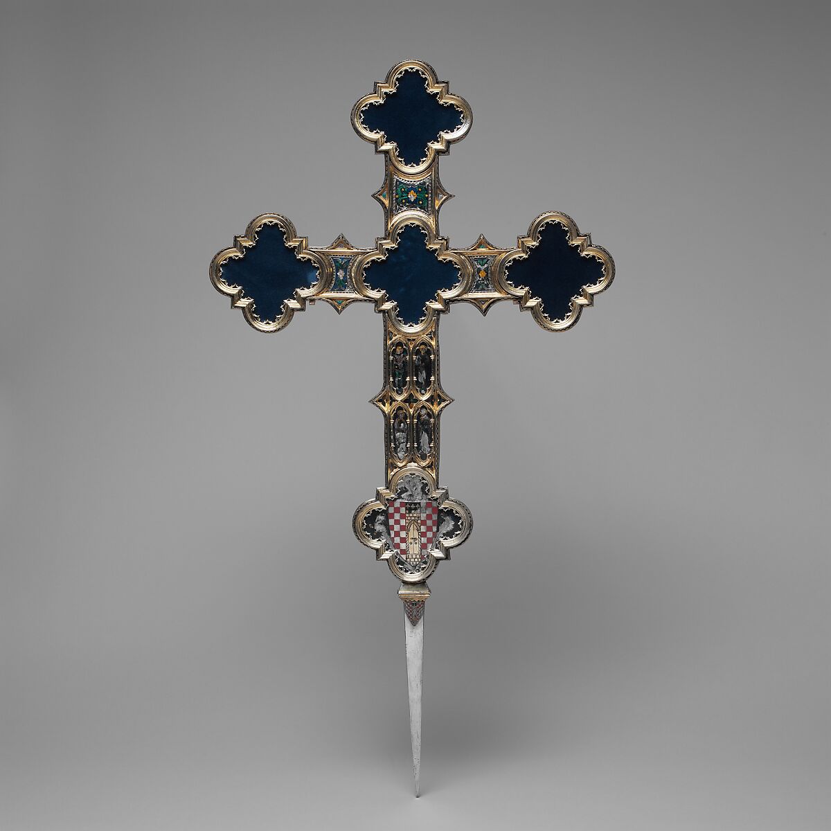 Processional Cross, Translucent Champlevé enamel, silver, partial-gilt, modern glass and velvet, Italian