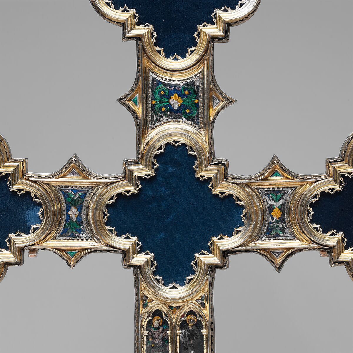 Processional Cross, Translucent Champlevé enamel, silver, partial-gilt, modern glass and velvet, Italian