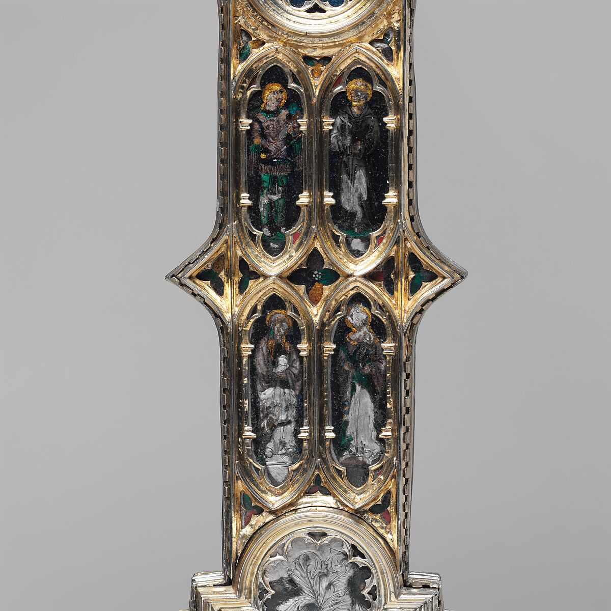 Processional Cross, Translucent Champlevé enamel, silver, partial-gilt, modern glass and velvet, Italian