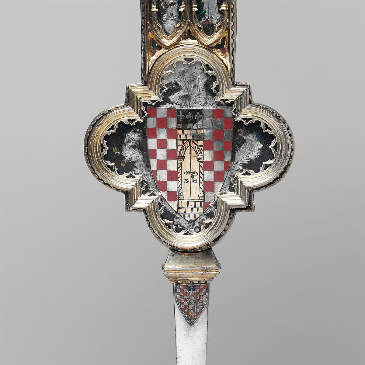 Processional Cross, Translucent Champlevé enamel, silver, partial-gilt, modern glass and velvet, Italian