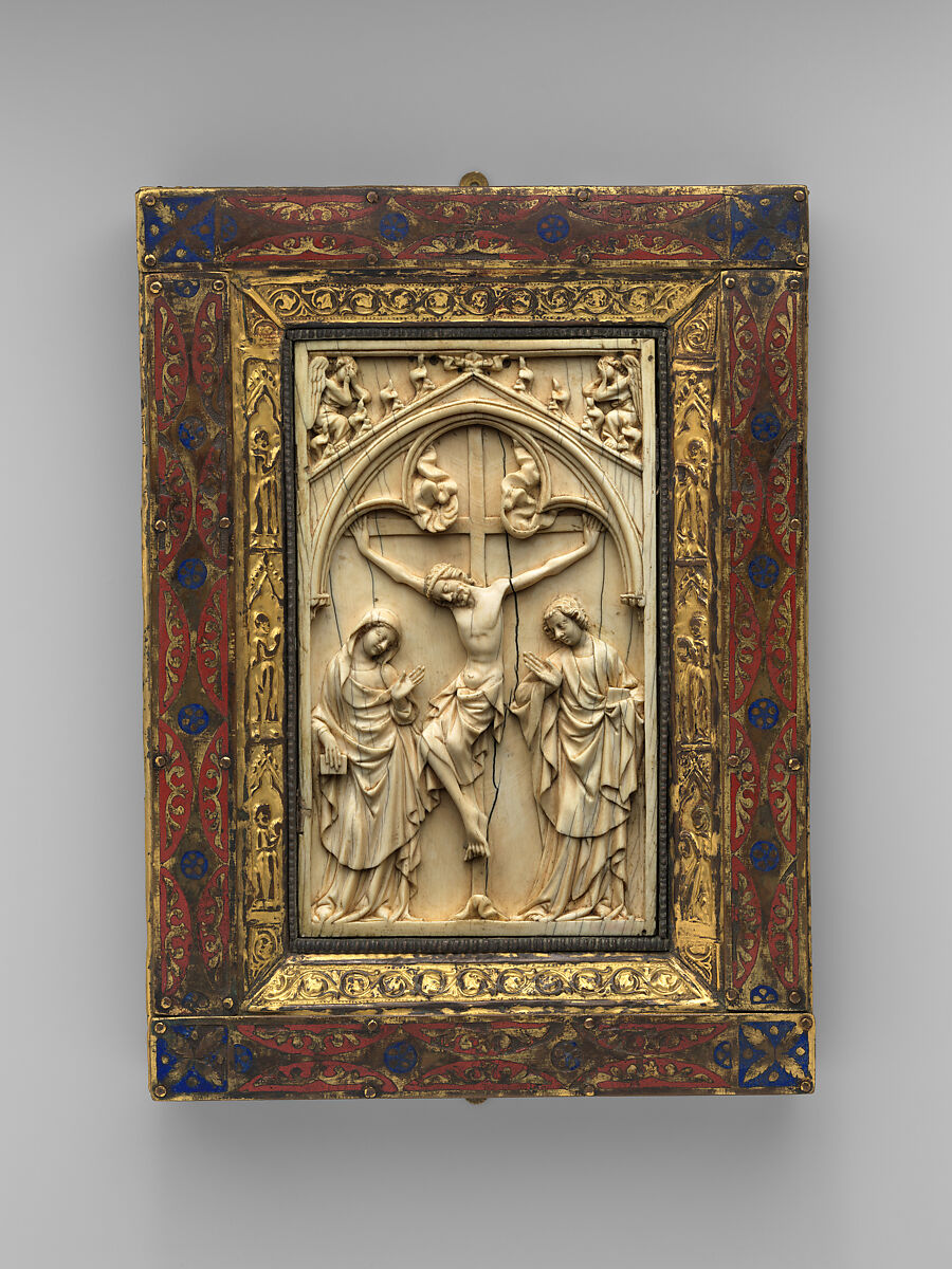 Book Cover with Crucifixion Panel, Elephant ivory, champlevé enamel, copper gilt on wood support, French 