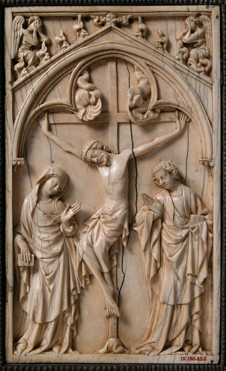 Book Cover with Crucifixion Panel, Elephant ivory, champlevé enamel, copper gilt on wood support, French