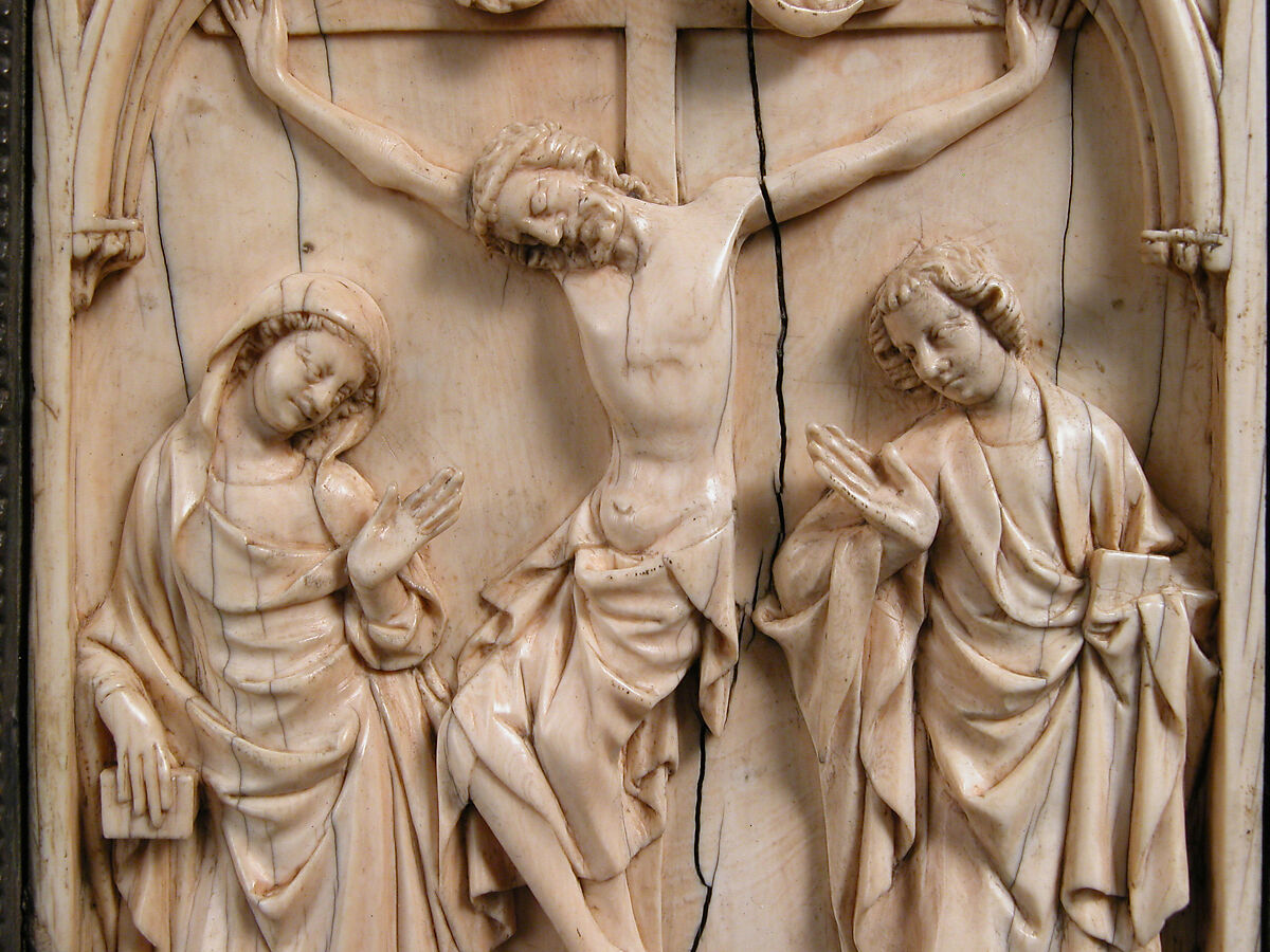 Book Cover with Crucifixion Panel, Elephant ivory, champlevé enamel, copper gilt on wood support, French