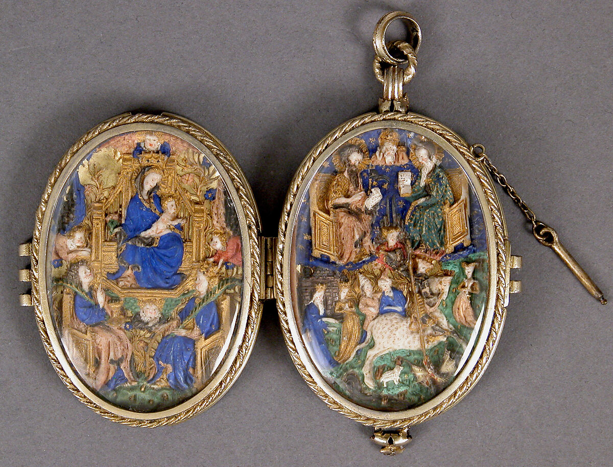 Two Medallions, Elephant ivory, polychromy & gilding, (later mount: gilt silver and glass), French