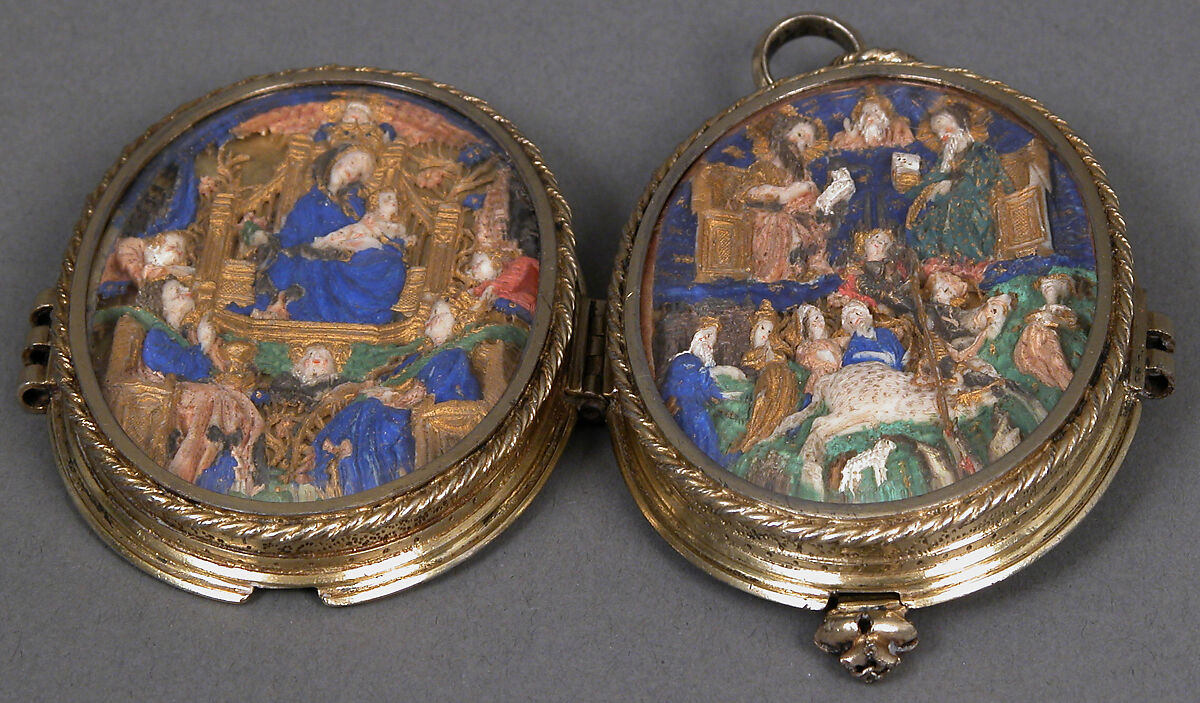 Two Medallions, Elephant ivory, polychromy & gilding, (later mount: gilt silver and glass), French