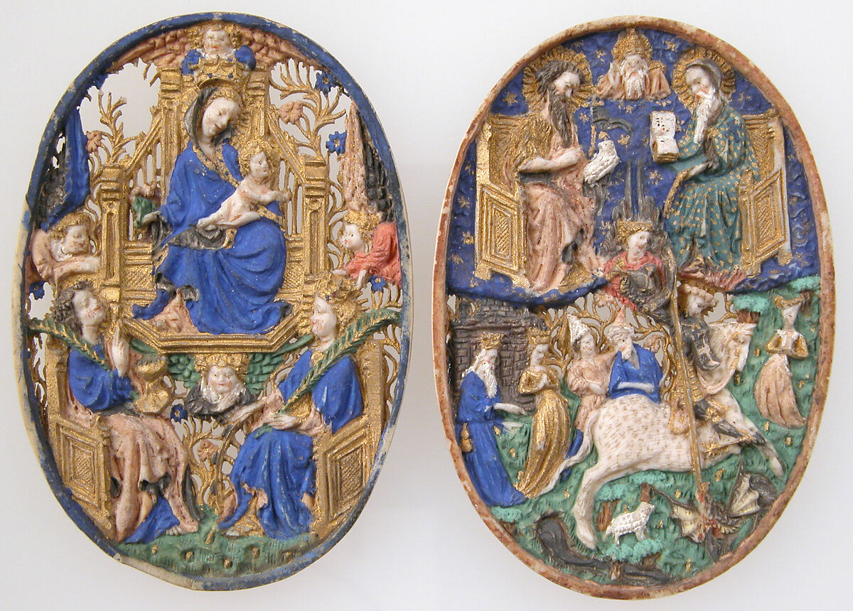 Two Medallions, Elephant ivory, polychromy & gilding, (later mount: gilt silver and glass), French