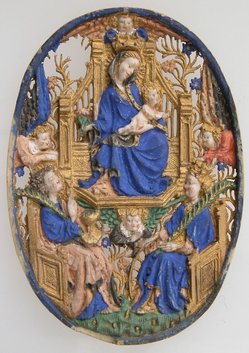 Two Medallions, Elephant ivory, polychromy & gilding, (later mount: gilt silver and glass), French