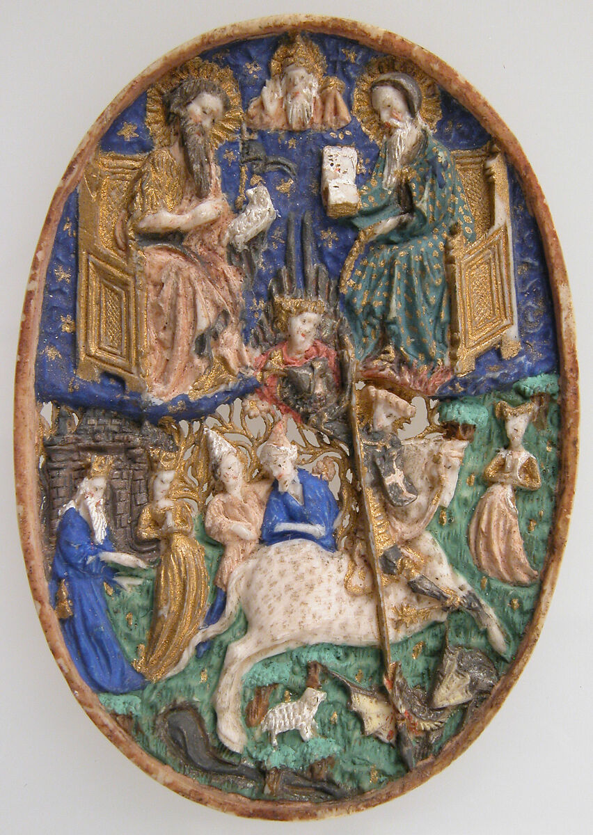 Two Medallions, Elephant ivory, polychromy & gilding, (later mount: gilt silver and glass), French