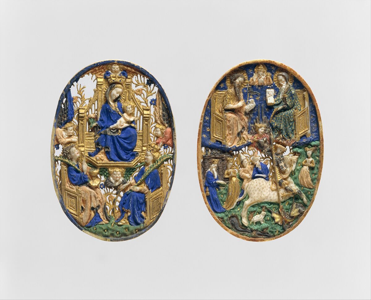 Two Medallions, Elephant ivory, polychromy & gilding, (later mount: gilt silver and glass), French 