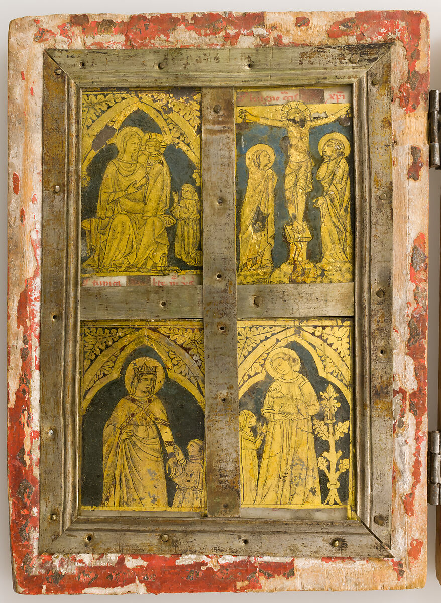 Reliquary Diptych, Verre églomisé, polychromy, wood, metal, and possible human remains, Central Italian