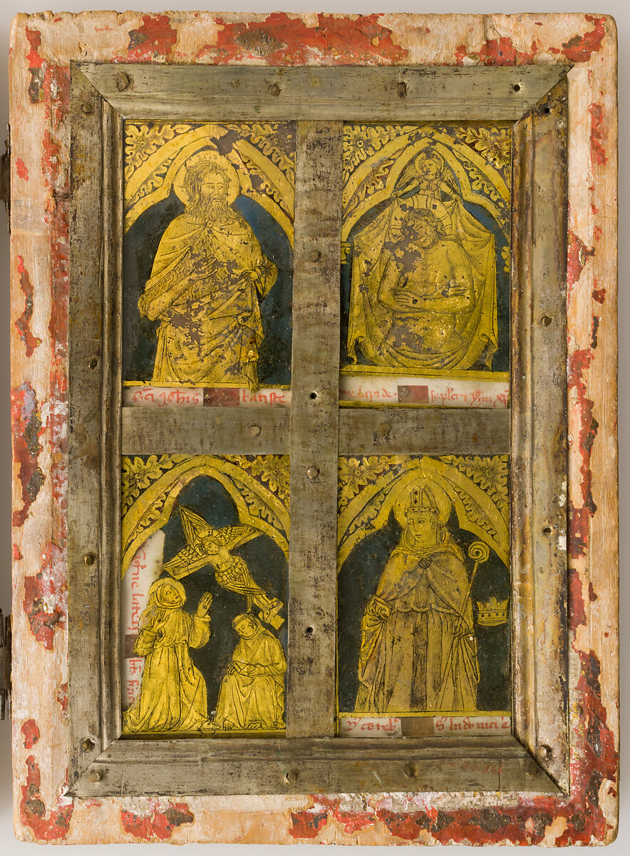 Reliquary Diptych, Verre églomisé, polychromy, wood, metal, and possible human remains, Central Italian