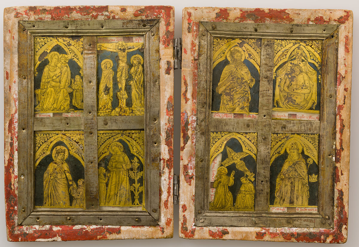 Reliquary Diptych, Verre églomisé, polychromy, wood, metal, and possible human remains, Central Italian