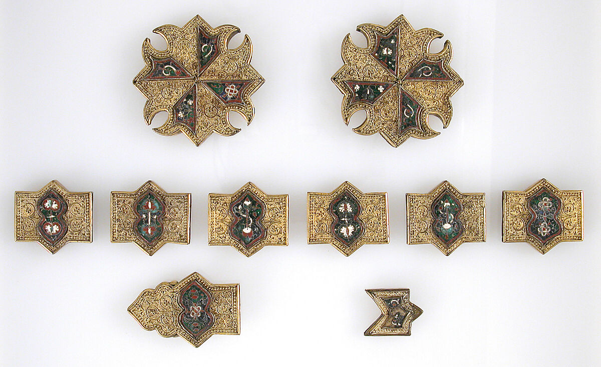 Horse Bridle or Belt Ornaments, Gilt copper or copper alloy and cloisonné enamel, Spanish