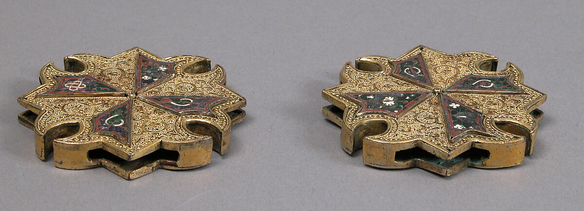 Horse Bridle or Belt Ornaments, Gilt copper or copper alloy and cloisonné enamel, Spanish