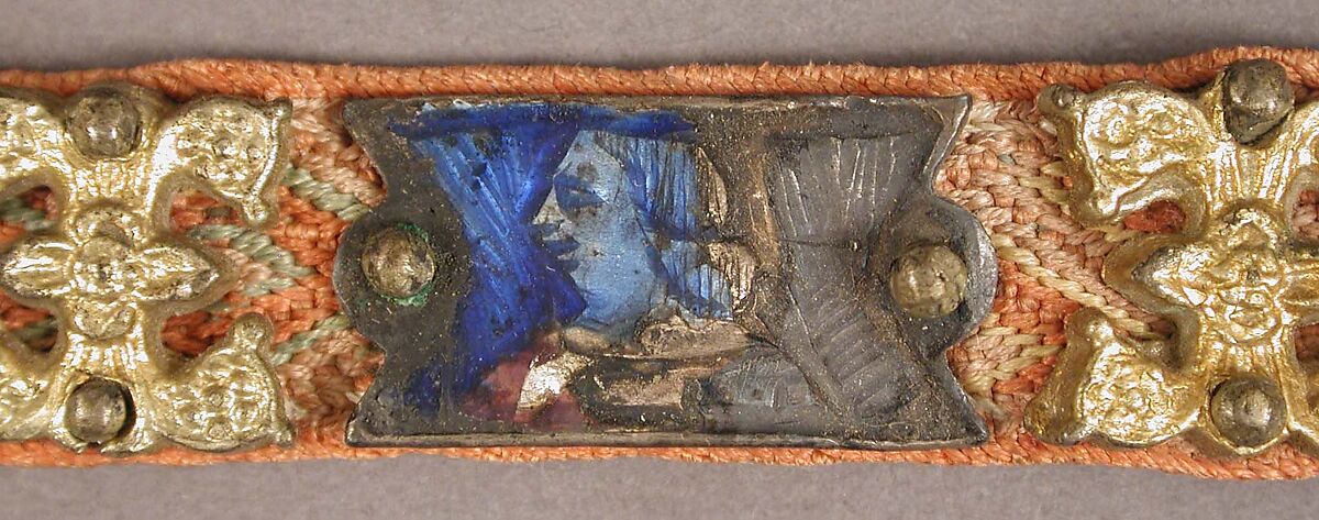 Belt with Profiles of Half-Length Figures, Basse taille enamel, silver-gilt, mounted on textile belt, Italian