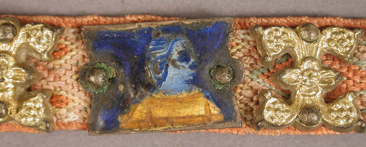 Belt with Profiles of Half-Length Figures, Basse taille enamel, silver-gilt, mounted on textile belt, Italian