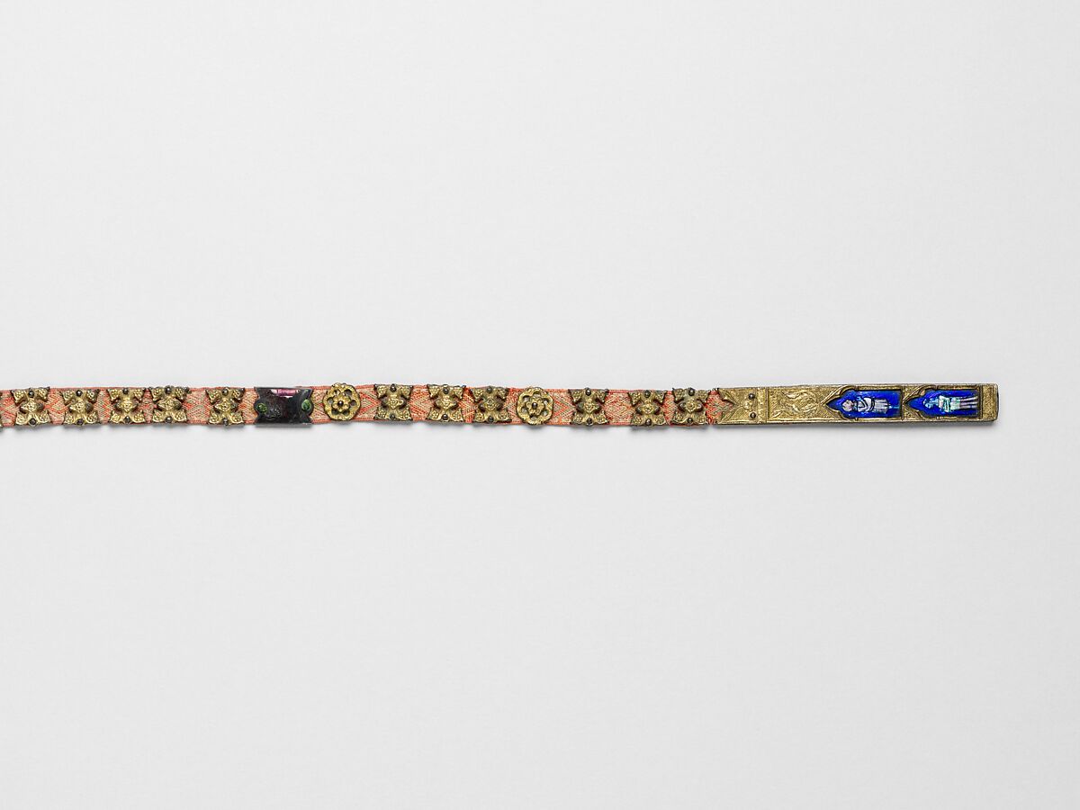Belt with Profiles of Half-Length Figures, Basse taille enamel, silver-gilt, mounted on textile belt, Italian