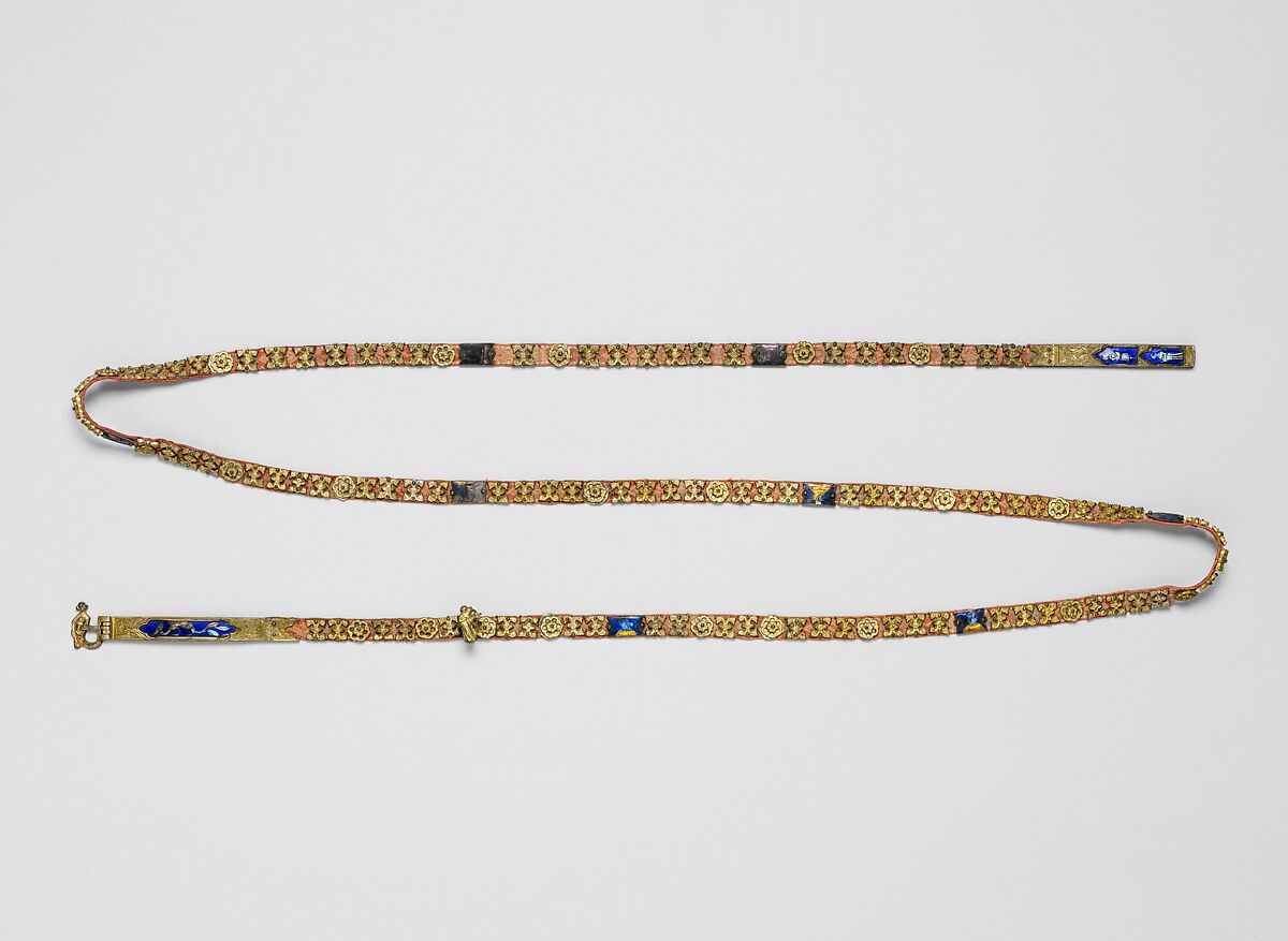 Belt with Profiles of Half-Length Figures, Basse taille enamel, silver-gilt, mounted on textile belt, Italian 