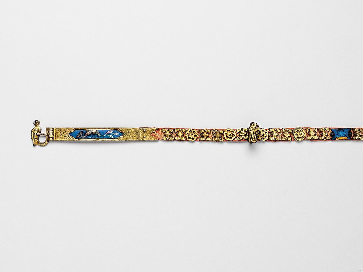 Belt with Profiles of Half-Length Figures, Basse taille enamel, silver-gilt, mounted on textile belt, Italian