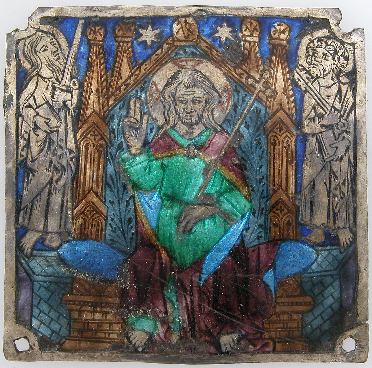 Plaque with Christ In Majesty, Basse taille enamel, silver, Catalan 