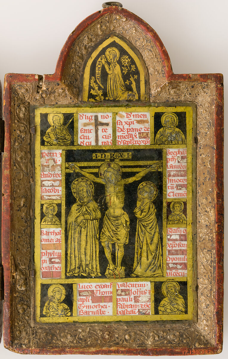 Reliquary Diptych, Verre églomisé, painted and gilded wood, parchment, and possible human remains, Italian