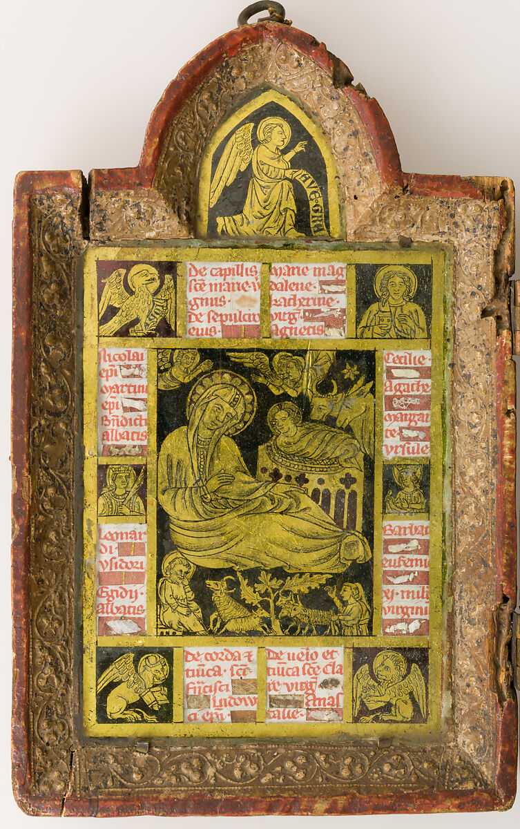 Reliquary Diptych, Verre églomisé, painted and gilded wood, parchment, and possible human remains, Italian