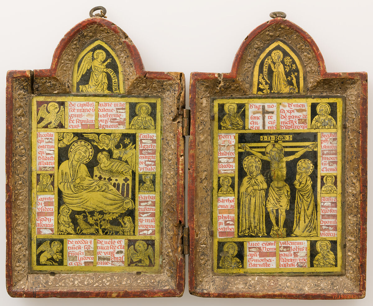 Reliquary Diptych, Verre églomisé, painted and gilded wood, parchment, and possible human remains, Italian