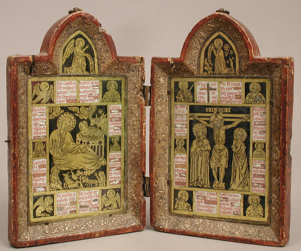 Reliquary Diptych, Verre églomisé, painted and gilded wood, parchment, and possible human remains, Italian 