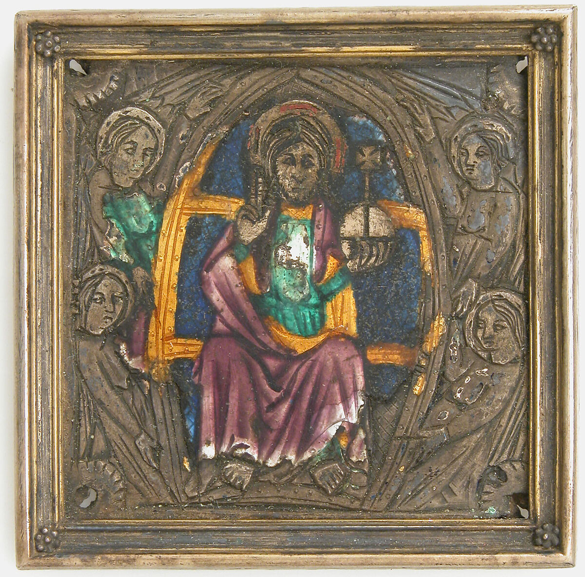 Plaque with Christ in Majesty, Basse taille enamel, silver, Spanish 
