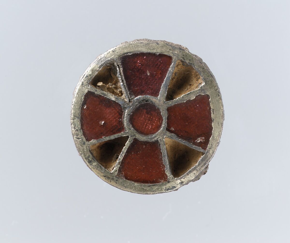 Disk Brooch, Silver-gilt on iron core, metal foil, inlaid garnet or paste, Frankish