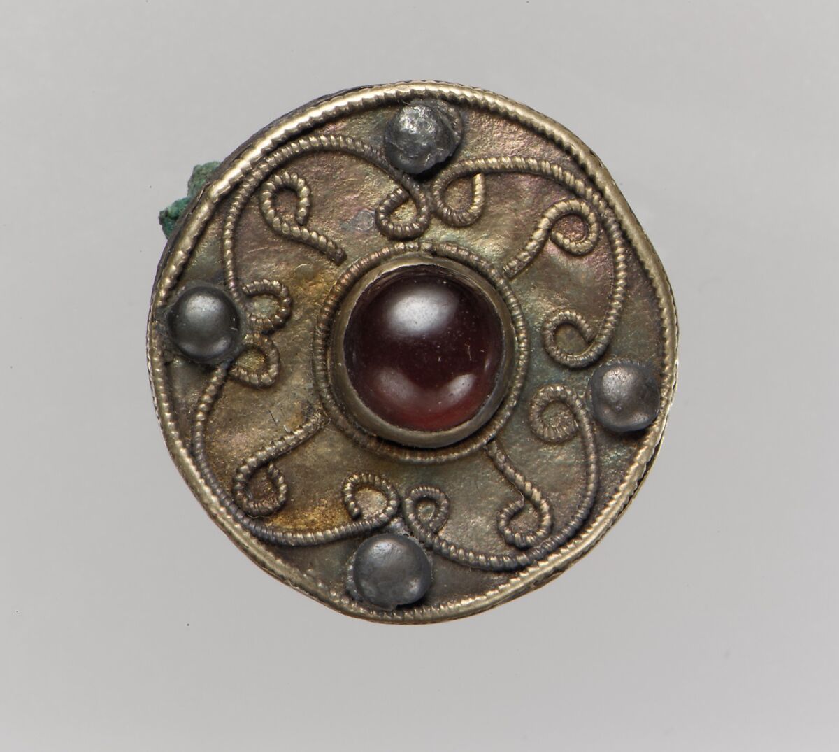 Disk Brooch, Gold, silver core, nails, paste cabochon, gold wire, copper alloy pin, Frankish 
