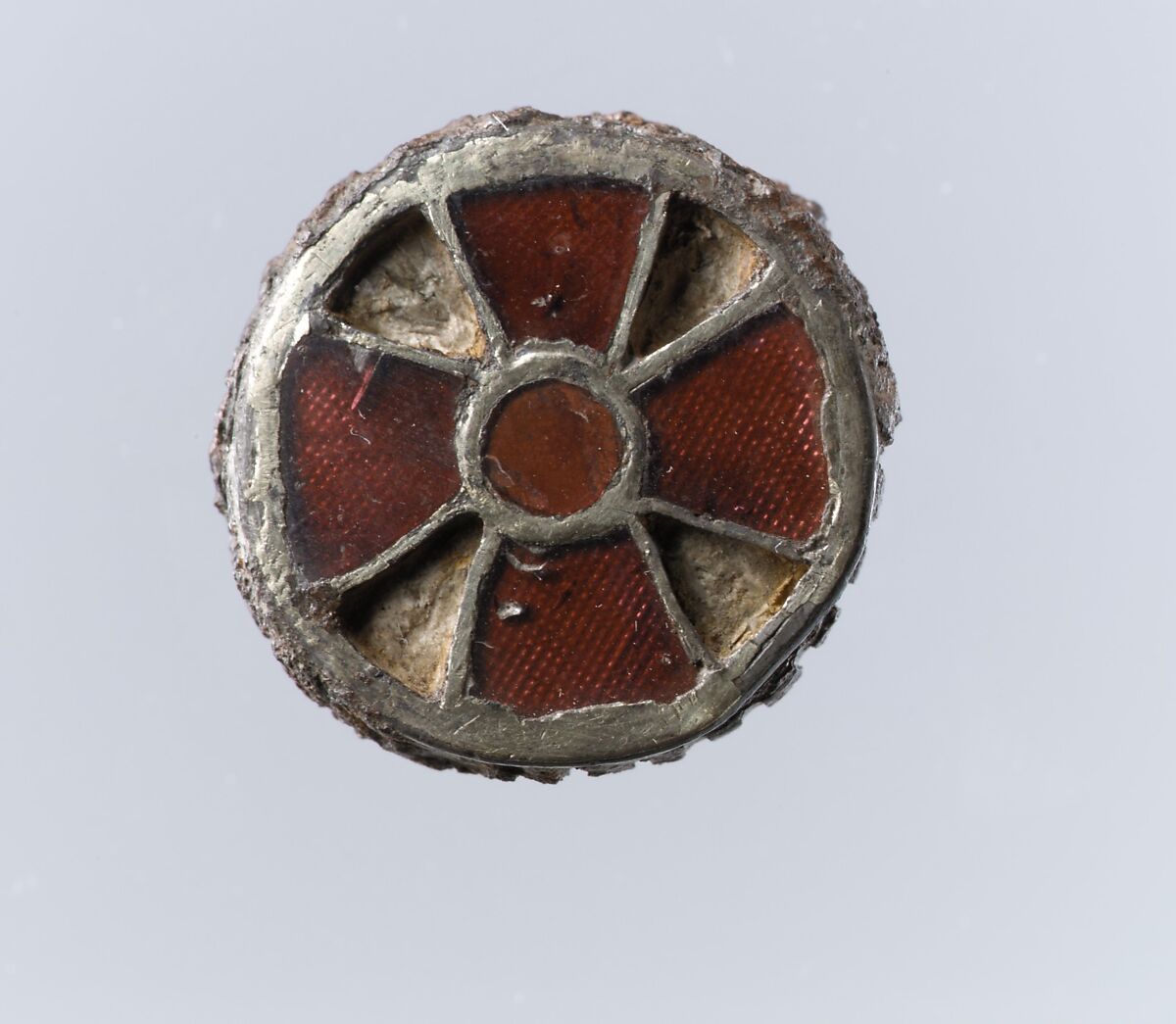 Disk Brooch, Silver-gilt on iron core, metal foil, inlaid garnet or paste, Frankish 