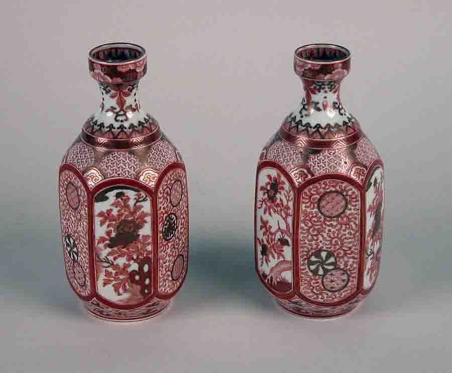 Wine bottle, White porcelain decorated in red enamel and gold (Hizen ware, Kutani type), Japan 