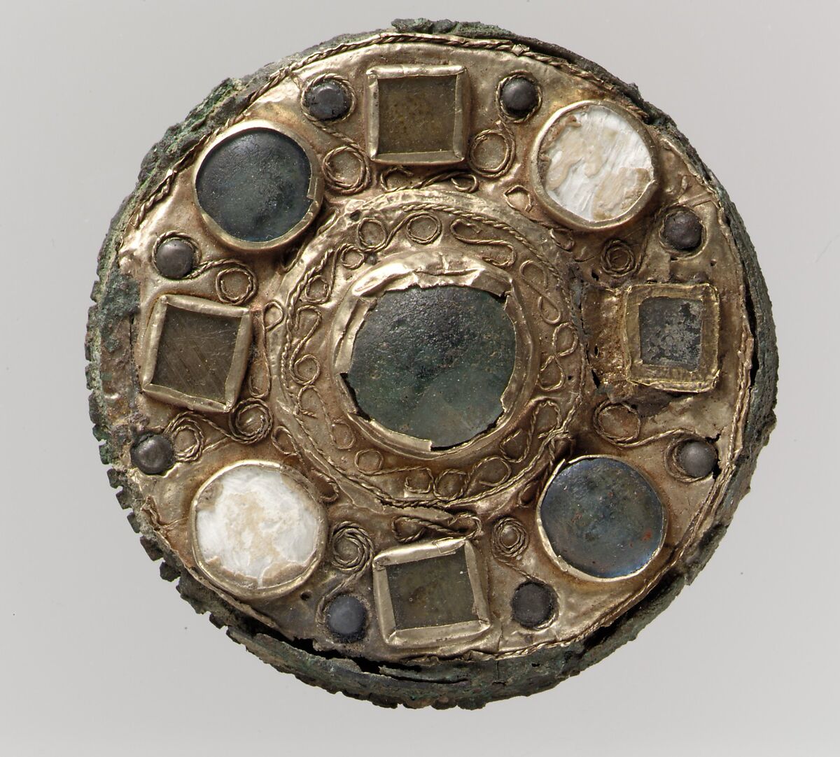 Disk Brooch, Gold, glass, mother-of-pearl, silver-headed rivets; copper alloy, Frankish 
