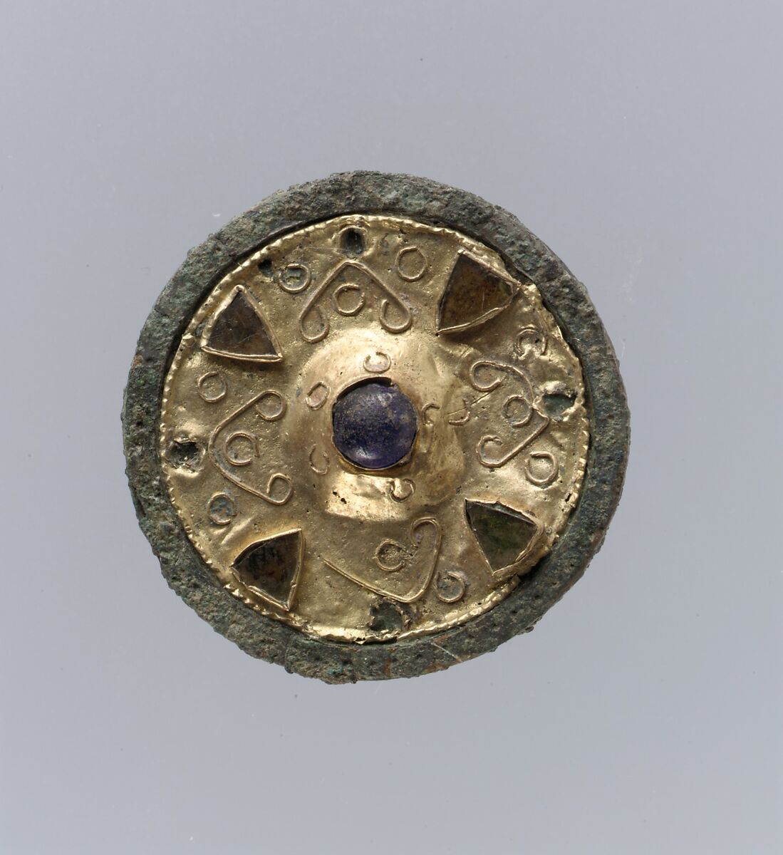 Disk Brooch, Gold, blue and pale amber glass, copper alloy support, Frankish 
