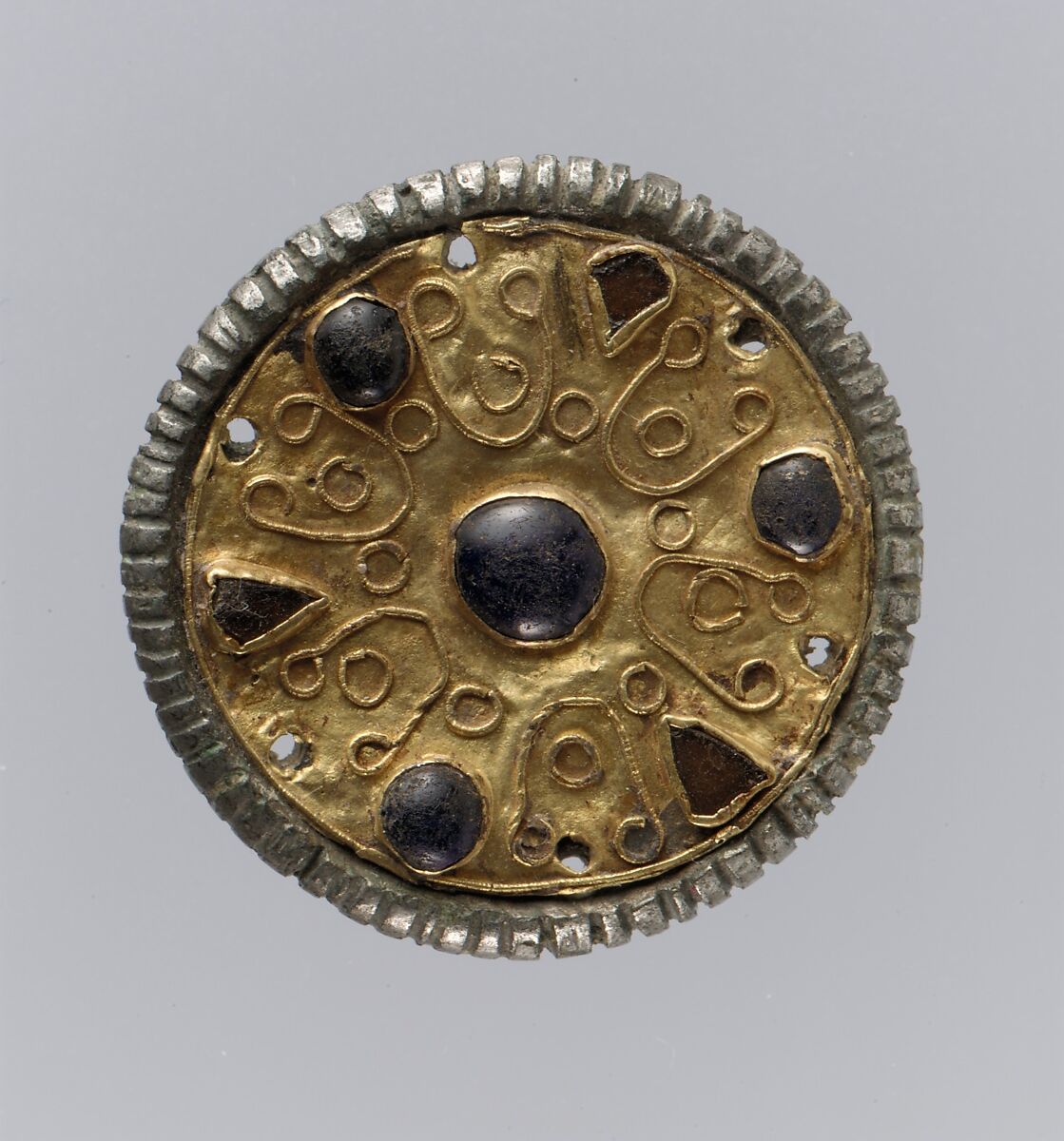 Disk Brooch, Gold, wire, glass paste cabochons, copper alloy core, tinned bronze, iron pin, Frankish 