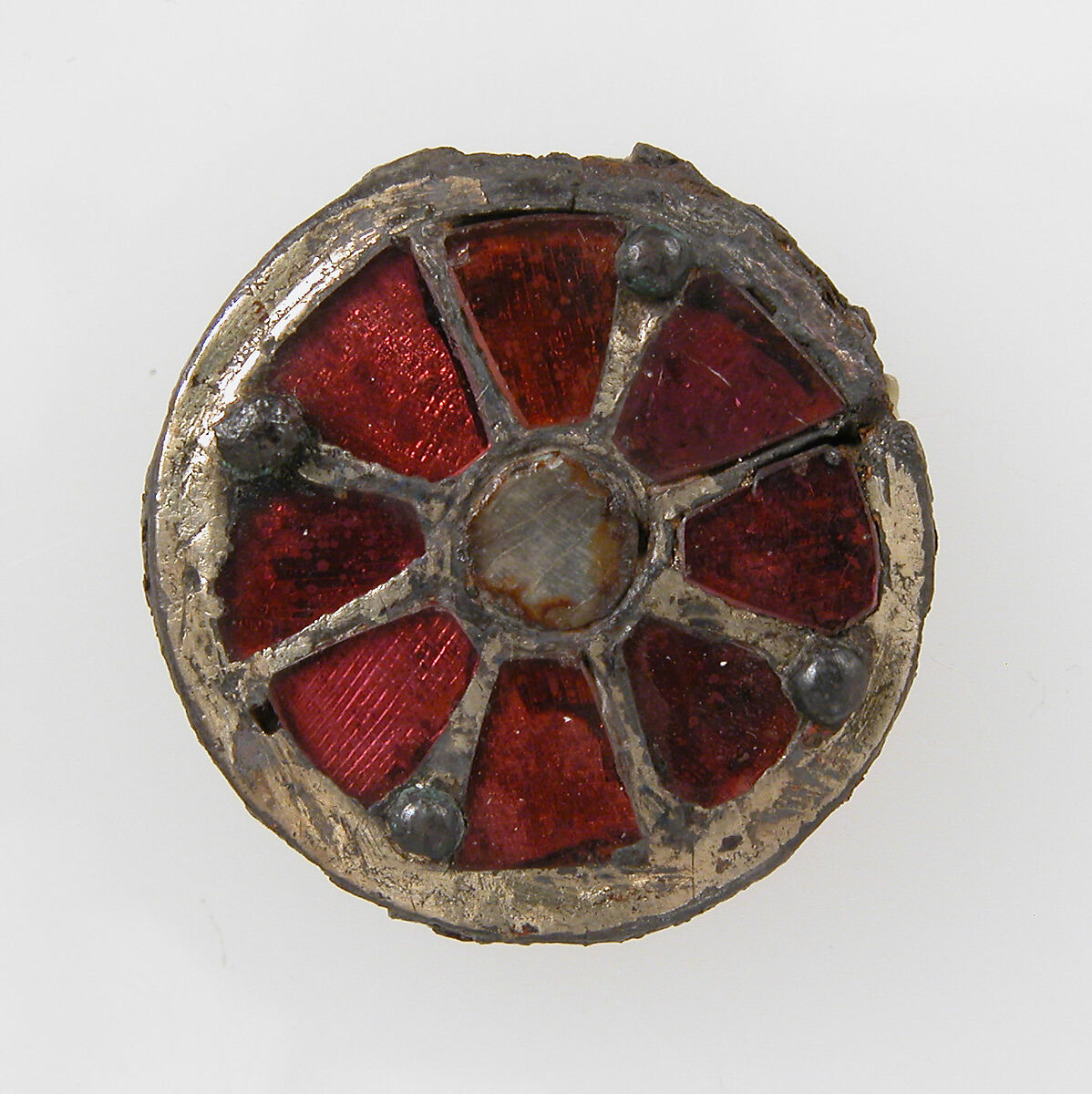 Disk Brooch, Silver-gilt, paste or garnet, iron core, metal foil, Frankish 