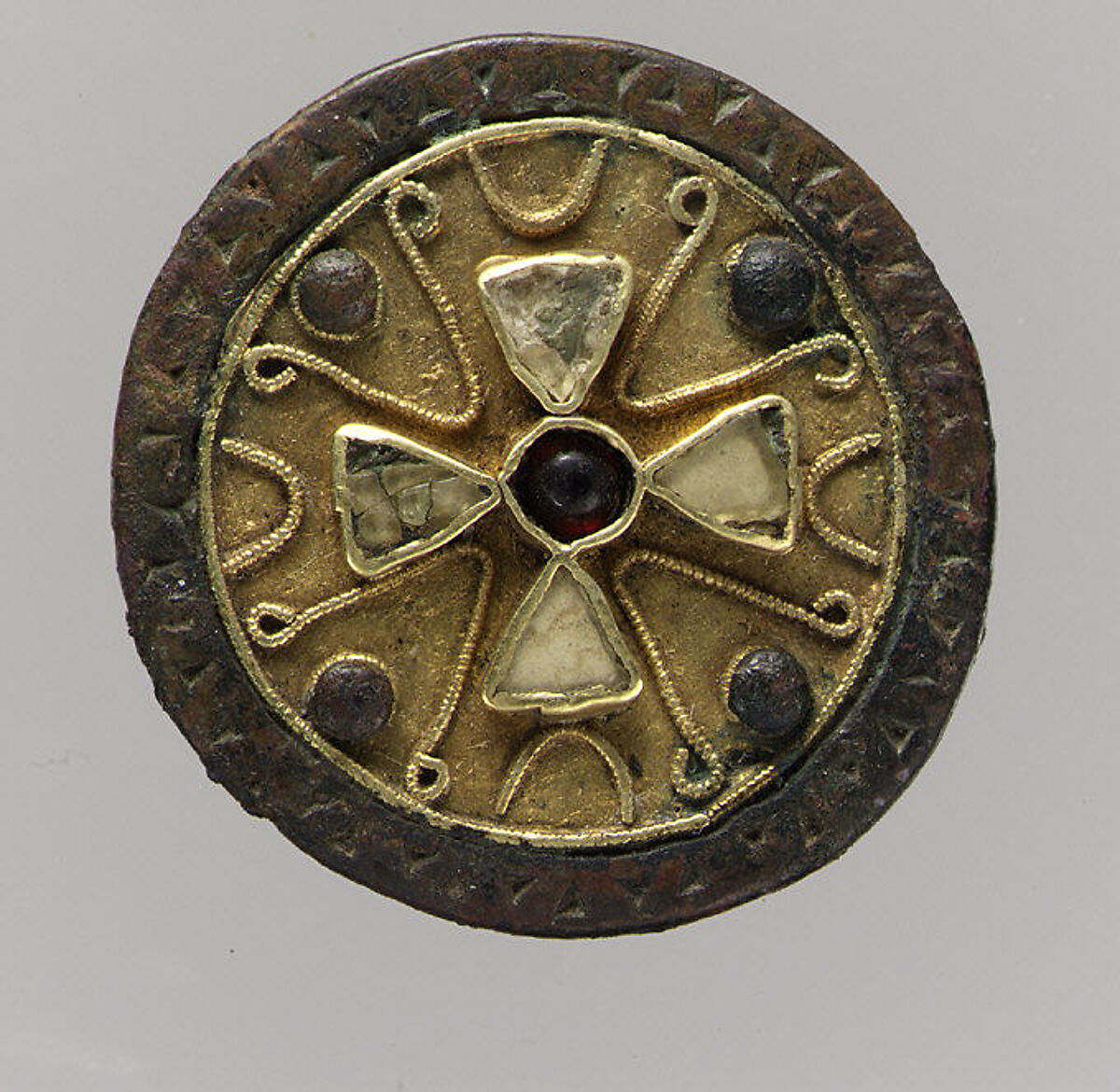 Disk Brooch, Gold, wire, paste, paste cabochon or garnet, copper alloy rim and nail, Frankish 