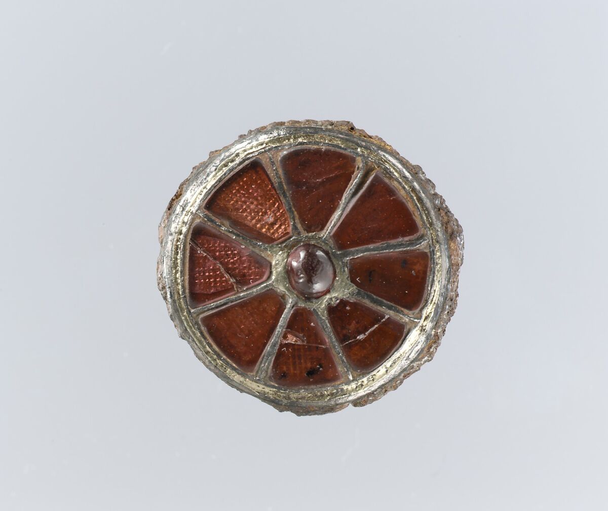 Disk Brooch, Silver-gilt, garnets with patterned foil backings, garnet ..., Frankish 
