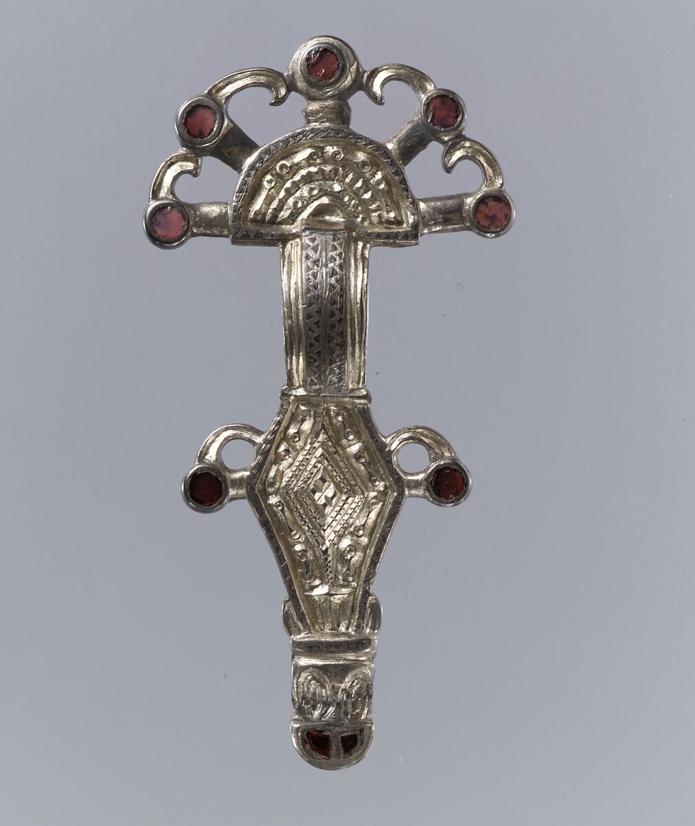 Bow Brooch, Silver-gilt, niello, garnets, Frankish 