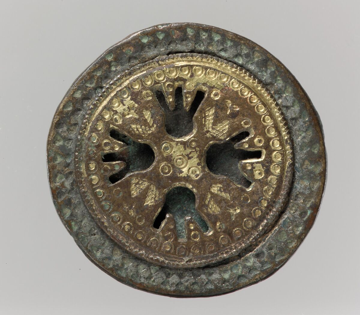 Disk Brooch, Copper alloy, partial gilt, remnant of iron pin; see conservation, Frankish 