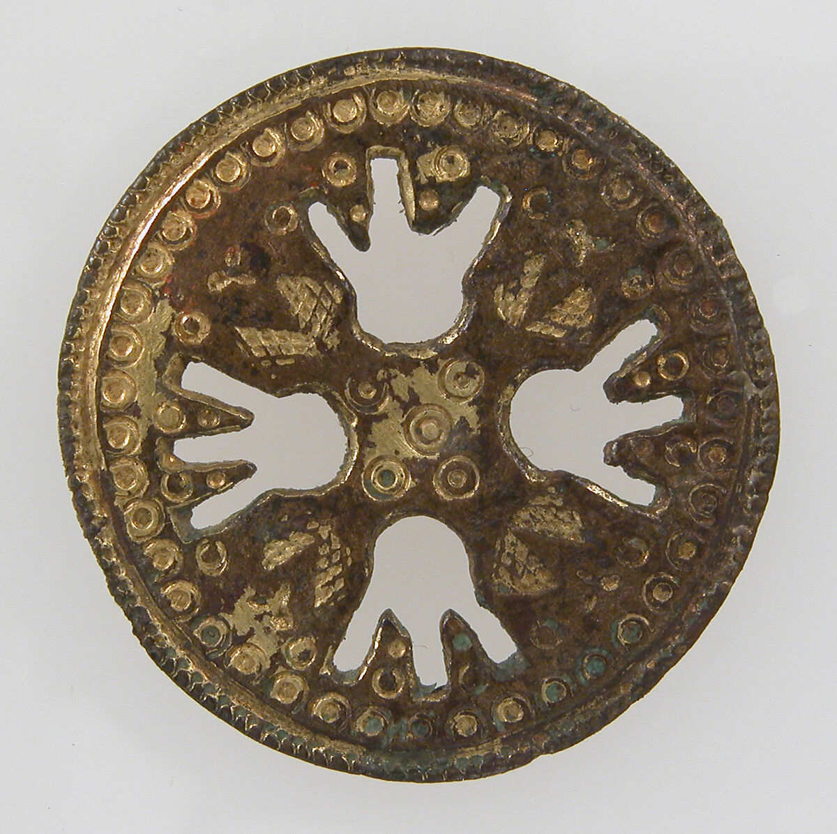 Disk Brooch, Copper alloy, partly gilded, remnant of iron pin, Frankish
