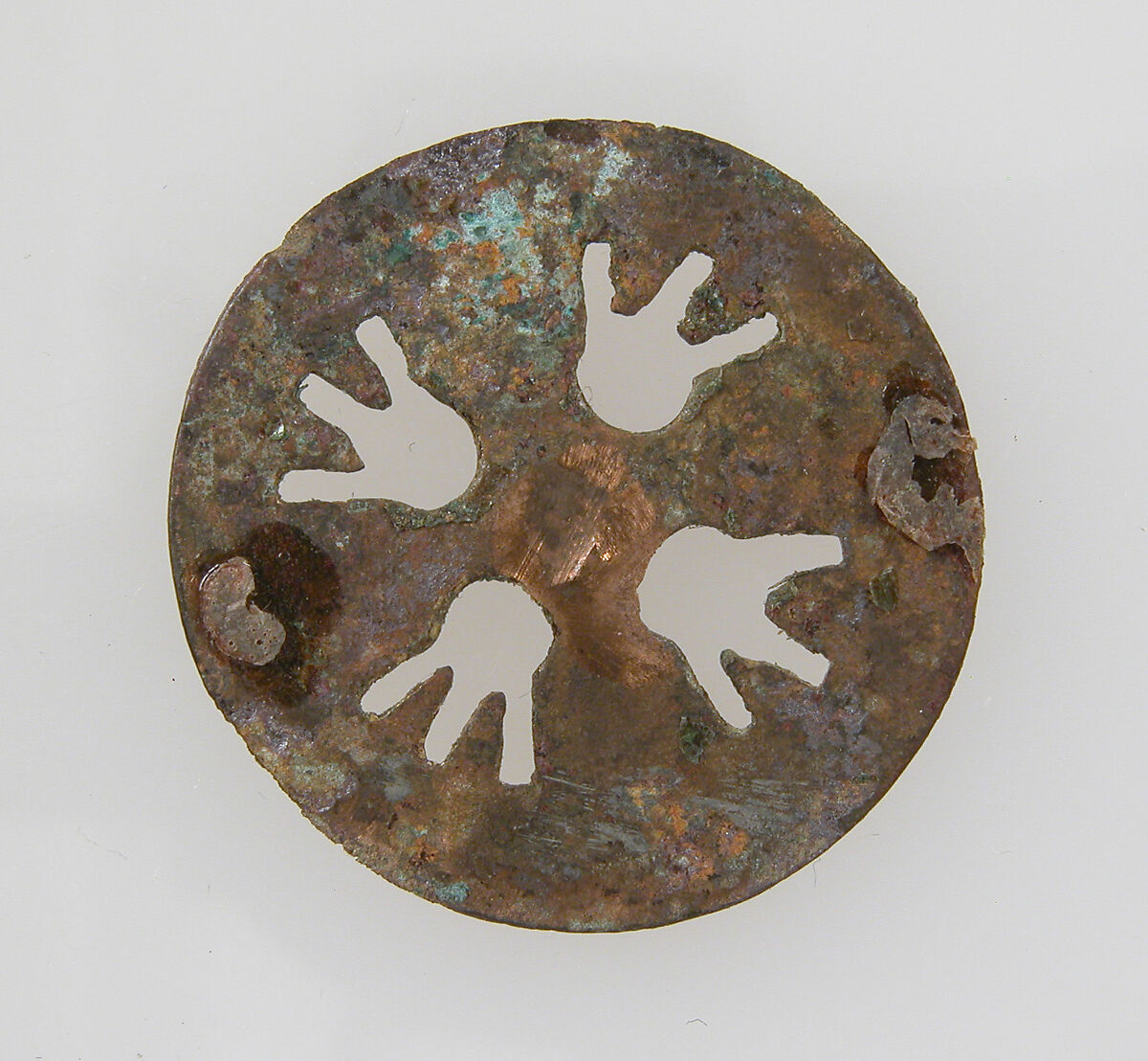 Disk Brooch, Copper alloy, partly gilded, remnant of iron pin, Frankish