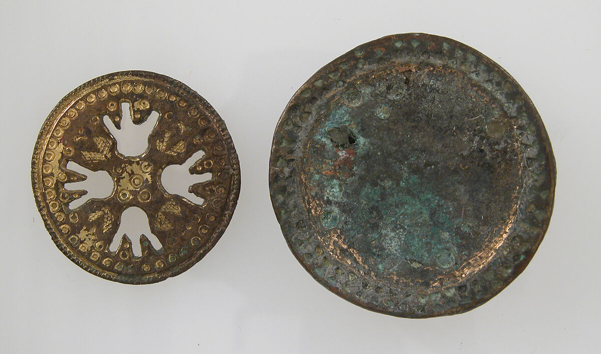 Disk Brooch, Copper alloy, partly gilded, remnant of iron pin, Frankish