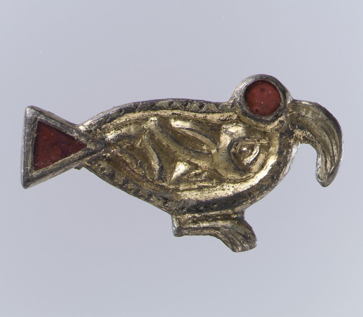 Bird-Shaped Brooch, Silver with gilding and garnets; no spring/pin extant, Anglo-Saxon