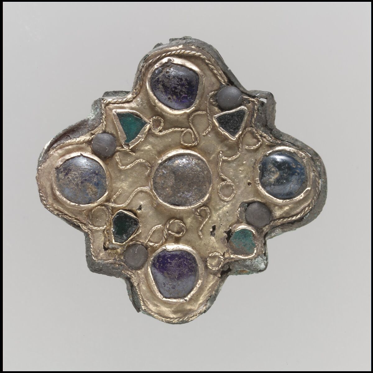 Disk Brooch, Gold, filigree green and blue glass, Frankish 