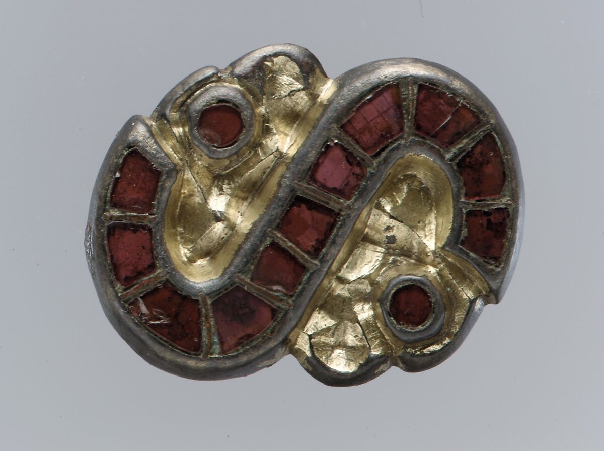 S-Shaped Brooch, Silver-gilt, garnets with patterned metal foil backings, Langobardic 